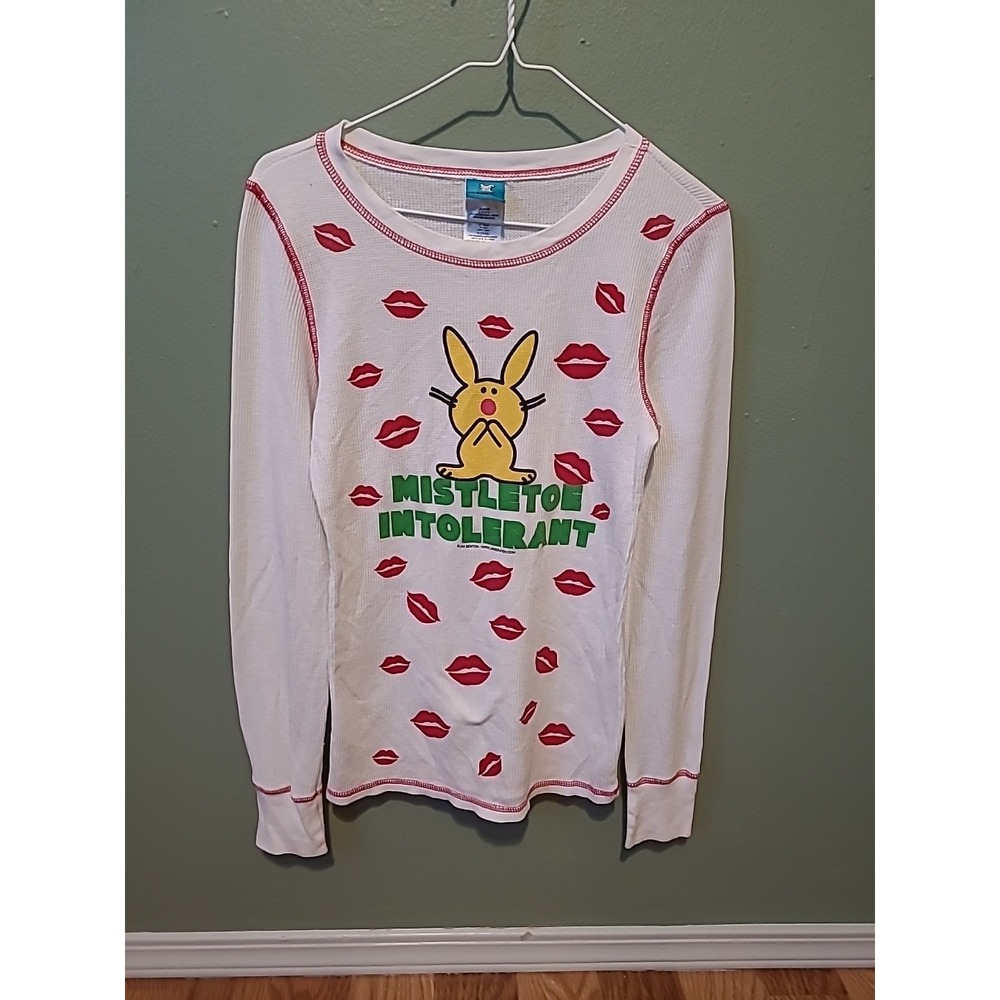 Y2K Vintage Happy Bunny Jim Benton Holliday Waffle Weave Shirt‎ Mistletoe